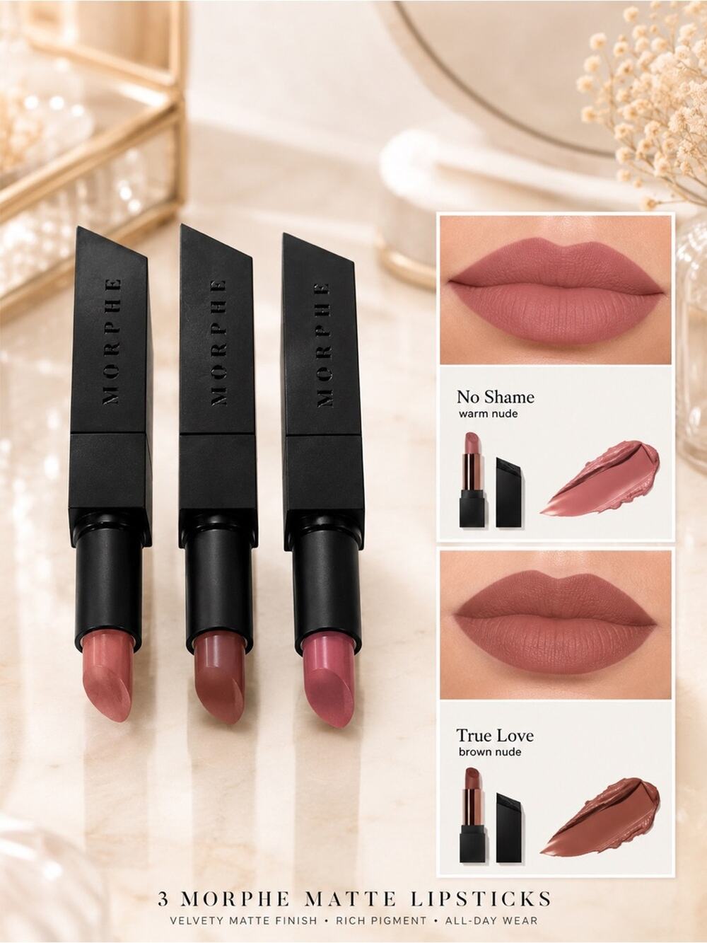 3 bundle set Morphe Matte lipstick no Shame Love Warm Nude Shades beauty gift